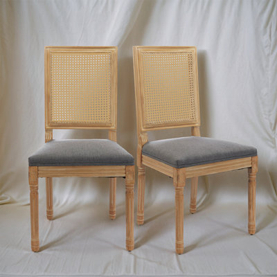 Elegant Louis XVI Dining Chairs With Rattan Back (Set Of 2) - Upholstered Linen Seats,Solid Wood Frame, Antique Finish, Rattan Backrest