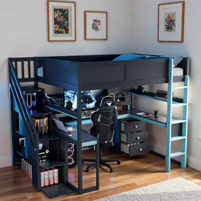 Lit mezzanine en bois d'inspiration Esports avec escalier de rangement, bureau, tablettes et panneau perforé