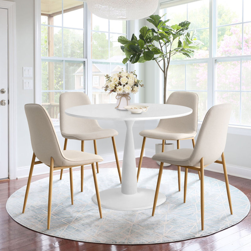 Folmar 4 - Person Dining Table Sets With 35'' Round Table & 4 Upholstered Fabric Chairs, Beige