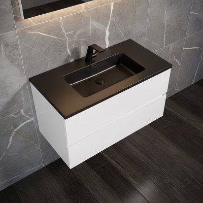 Ensemble de meuble-lavabo mural simple 36 po avec comptoir en quartz noir Damron