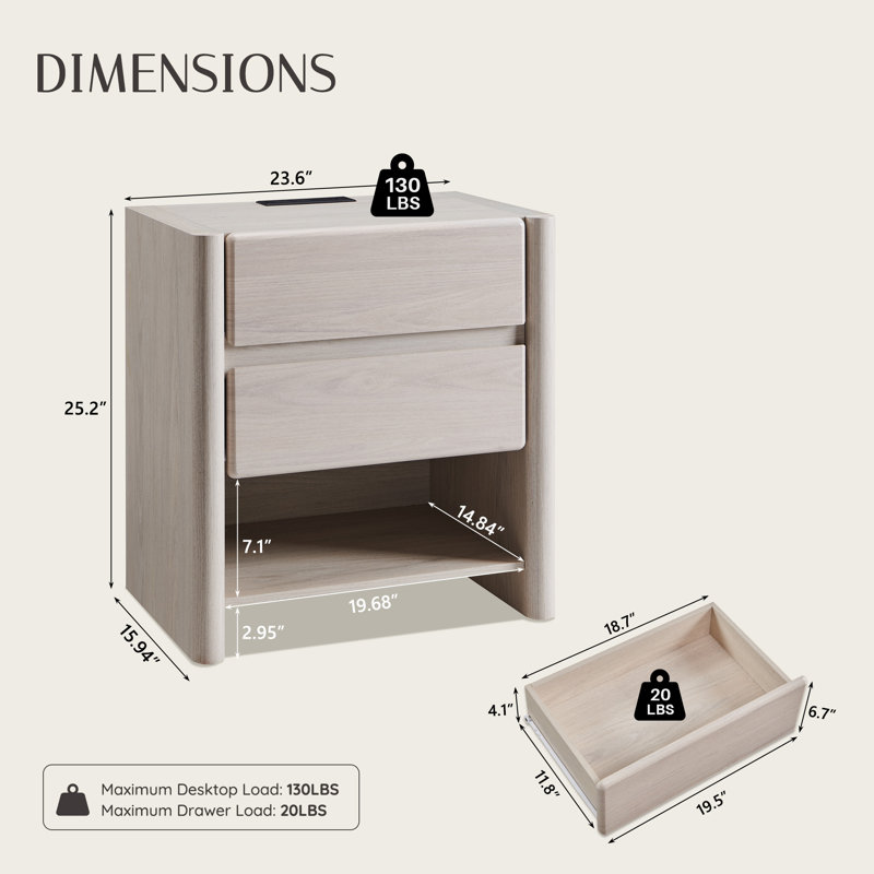 Bolanos 25" Tall Modern Nightstand with Charging Station, Wood Bedside Table w/2 Storage Drawers & Open Shelf, Rounded Corner Design for Bedroom