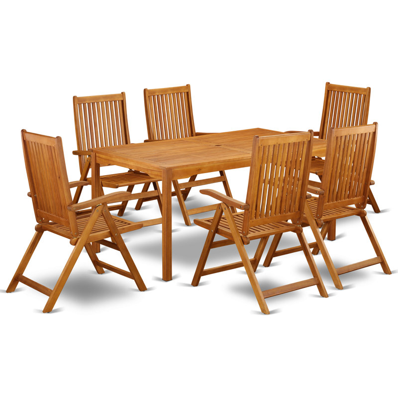 Ensemble de 7 pièces de bistro de patio comprenant une table d'extérieur rectangulaire en bois d'acacia et 6 chaises pliantes à accoudoirs réglables, 36 po x 66 po, huile naturelle