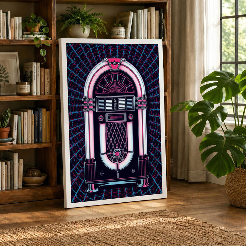 Neon Jukebox Retro - Wrapped Canvas, 18x12 - 45.7 x 30.5 cm, Teal Border