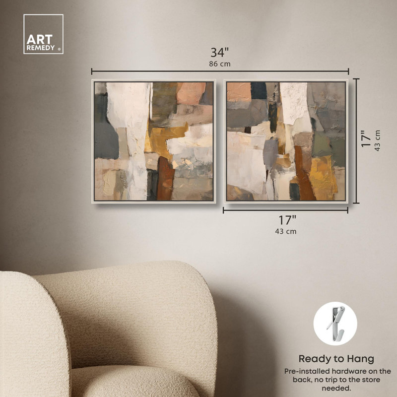 Patchwork Plains Duo Canvas Print Beige Wall Decor Set by Art Remedy, Black Frame, 12 x 12, 17" H x 17" W, Silver Frame