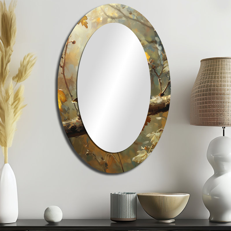 Cute Bird Sparrow On A Fallen Branch - Eclectic Oval Wall Mirror, 36" x 24"