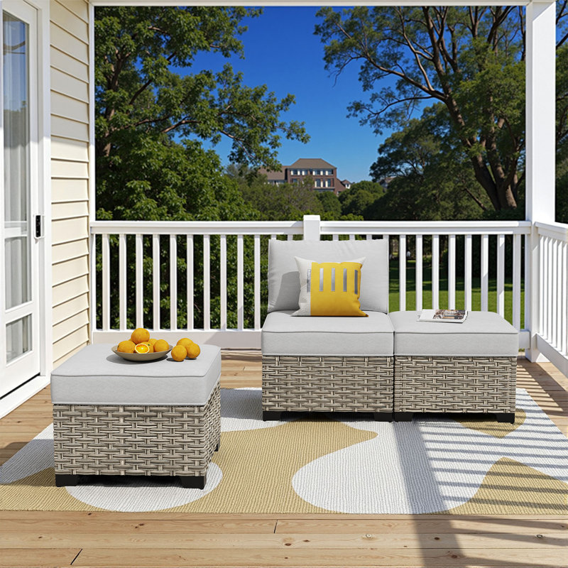 3-Piece Armless Outdoor Pe Wicker Patio Chair Set With 2 Multifunctional Ottomans And Cushions, Gray