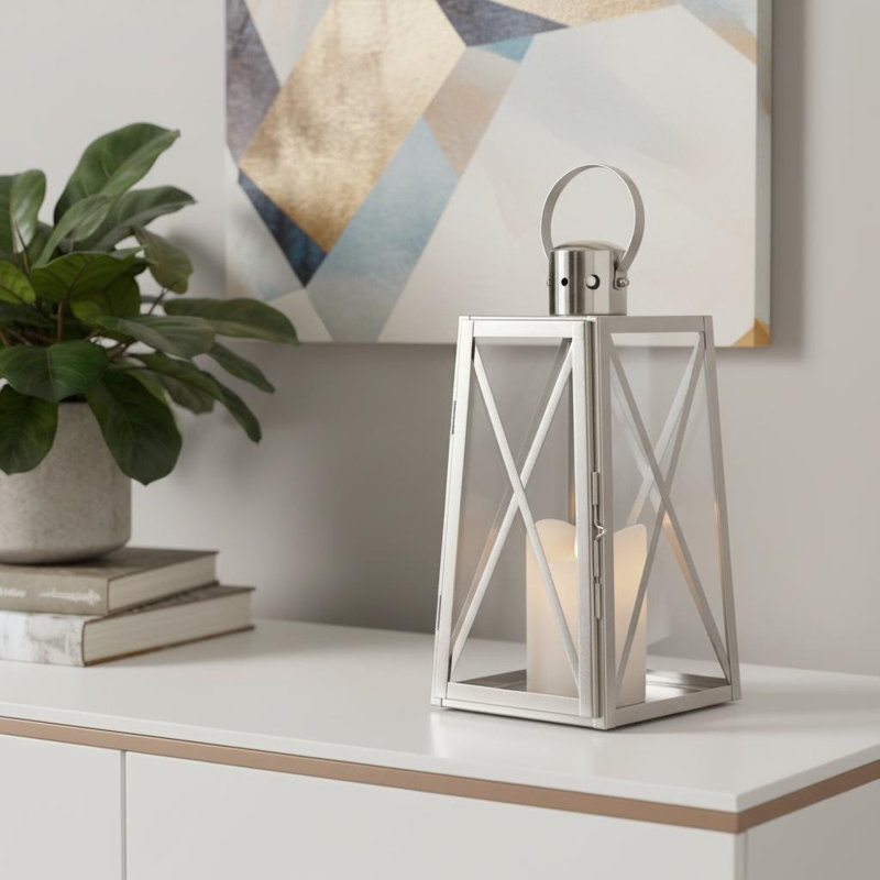 Porte-bougie de table 12 po en verre transparent et argenté et acier inoxydable
