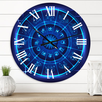 Neon Deep Blue Horoscope Circle With Zodiac Signs - Modern wall clock