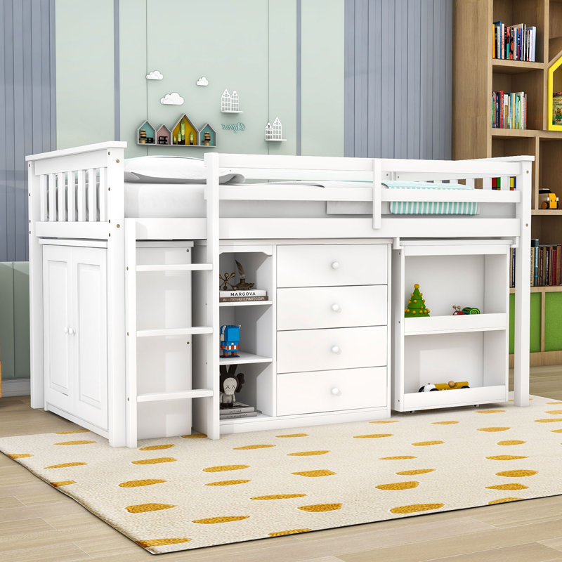 Lit mezzanine simple 4 tiroirs en bois avec armoires, bureau coulissant et barrières de sécurité, Blanc
