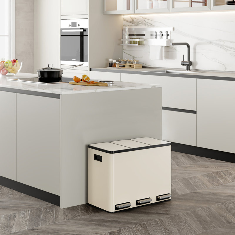 Stainless Steel 45 Litre Step On Multi-Compartments Trash & Recycling Bin, Cream