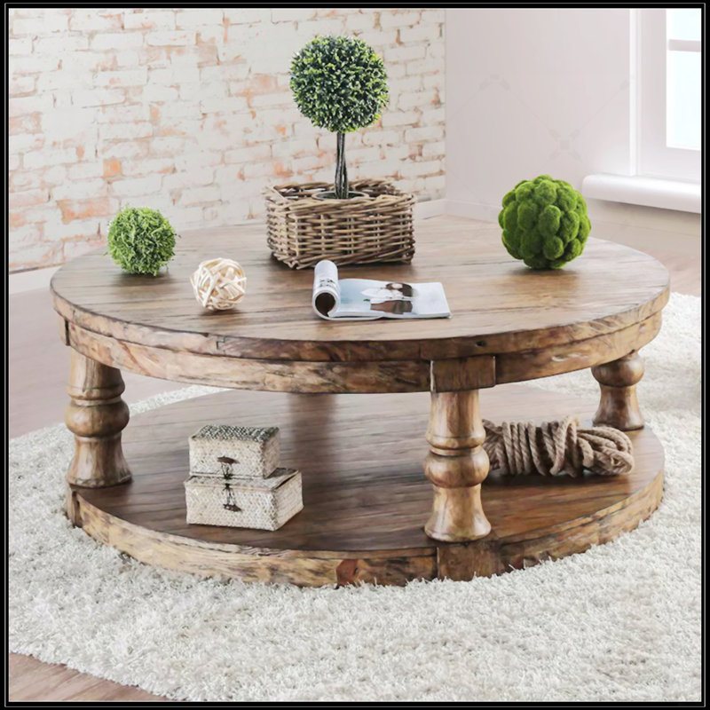 Rustic Style Round Wooden Coffee Table, Antique Dark Oak