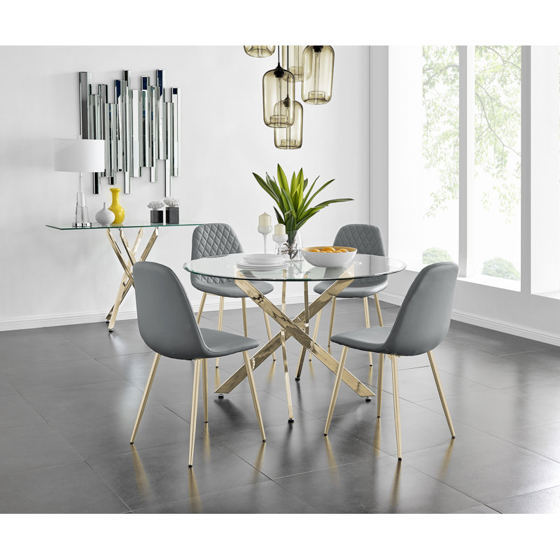 Tierra Chrome Metal and Glass Round Dining Table Set with 4 Faux Leather Upholstered Dining Chairs, Elephant Gray, Gold