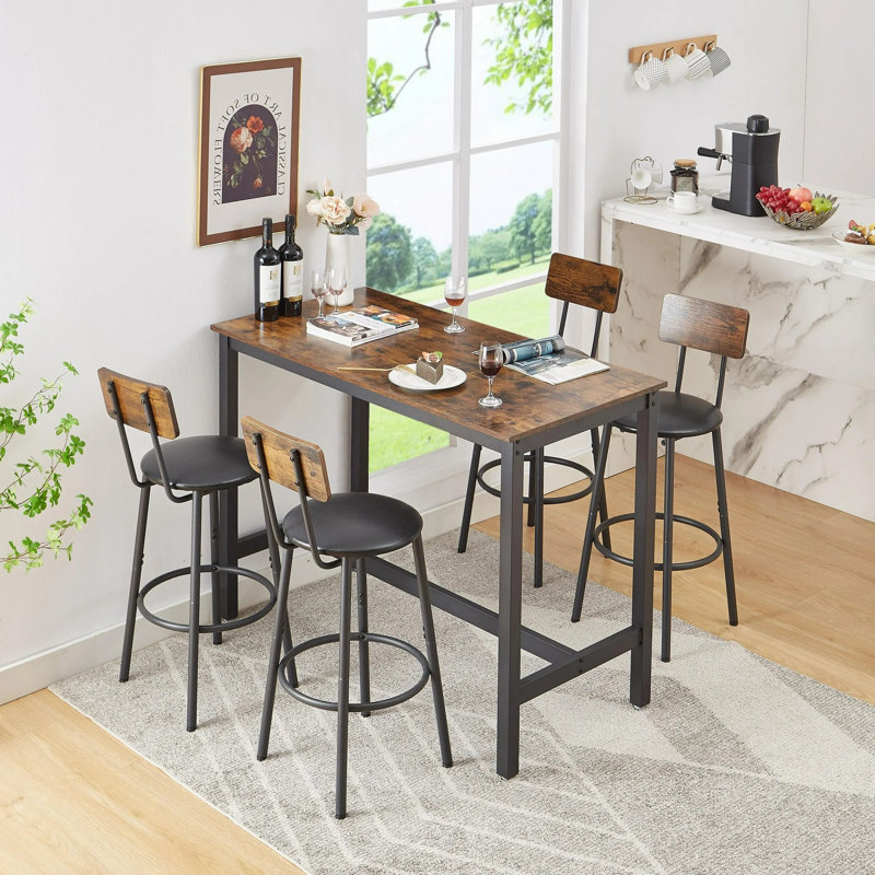 Reames Bar Table Set, Counter Height Table with 4 Bar Chairs, 5-Piece Pub Table Set, Rustic Brown/Black