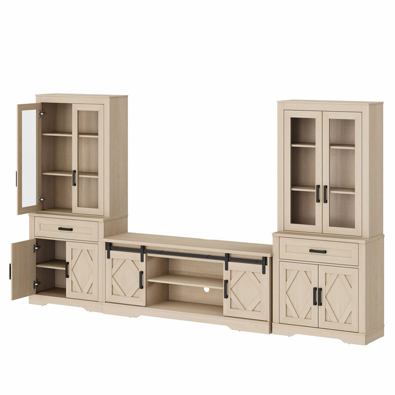 Laziza Farmhouse Entertainment Center With Bookshelf For Tvs Up To 75",Mid Century Modern TV Stand With 73"H Tall 5-Tier Bookcase With Open Storage And Barn Doors For Living Room,Bedroom,
