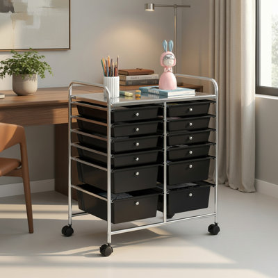  Chariot de rangement roulant à 12 tiroirs avec bacs amovibles, structure en métal robuste, tiroirs coulissants et roulettes verrouillables pour la salle de bricolage, le salon, le bureau ou l'organisation à la maison, noir