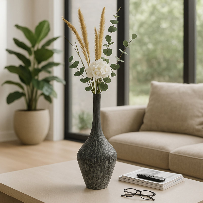 Modern Home Decor Glass Bottle Vase with Abstract Pattern – Decorative Tall Flower Vase for Mantels, Entryway Accent, or Table Decor – Gray