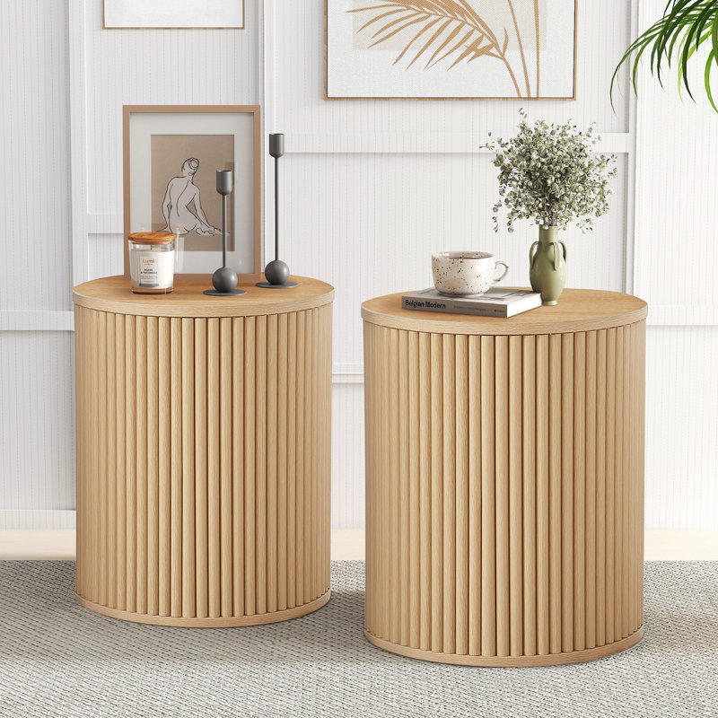 Fluted Round End Table Set, Natural