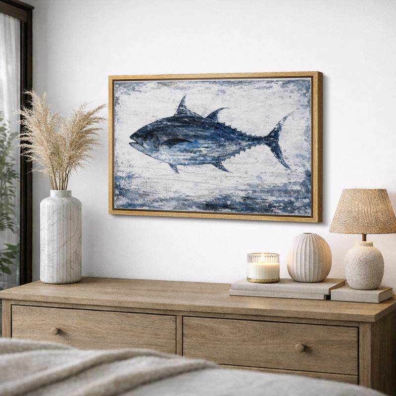 Blue Tuna Fish Artwork, Coastal Marine Life Living Room Pictures, Framed Canvas Giclee Print Wall Art, Natural Frame