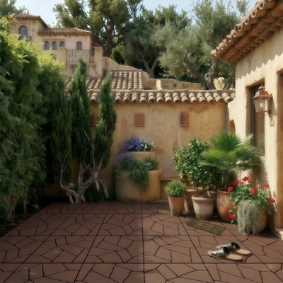 Carreaux de patio de style pierre de 12 po, carreaux de terrasse à emboîtement de module de bricolage, carreaux de sol d'extérieur et d'intérieur, installation facile et rapide pour porche, balcon de piscine près de la cour, 44 pièces, brun