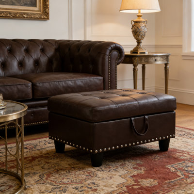 Faux Leather Storage Ottoman with Nailhead Trim, Brown Footrest Bench