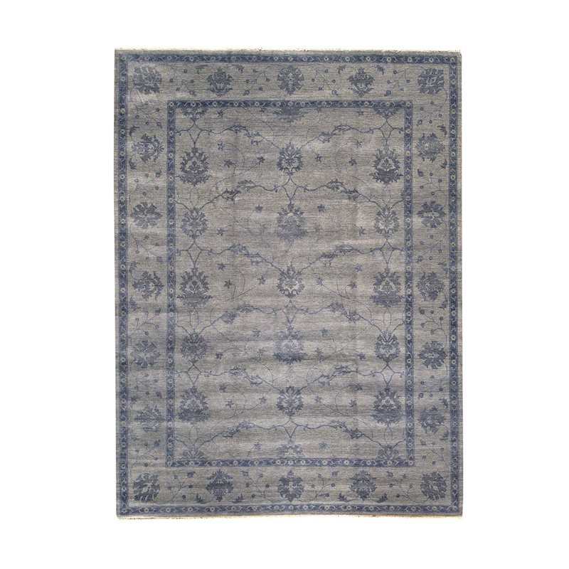 Tapis bleu en laine noué à la main 9 pi x 12 pi