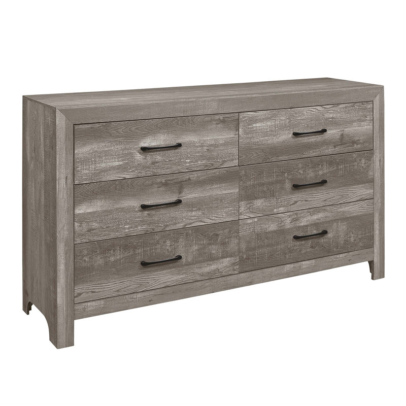 Commode 6 tiroirs en bois de style rustique moderne avec finition grise et quincaillerie en métal noir, Gris