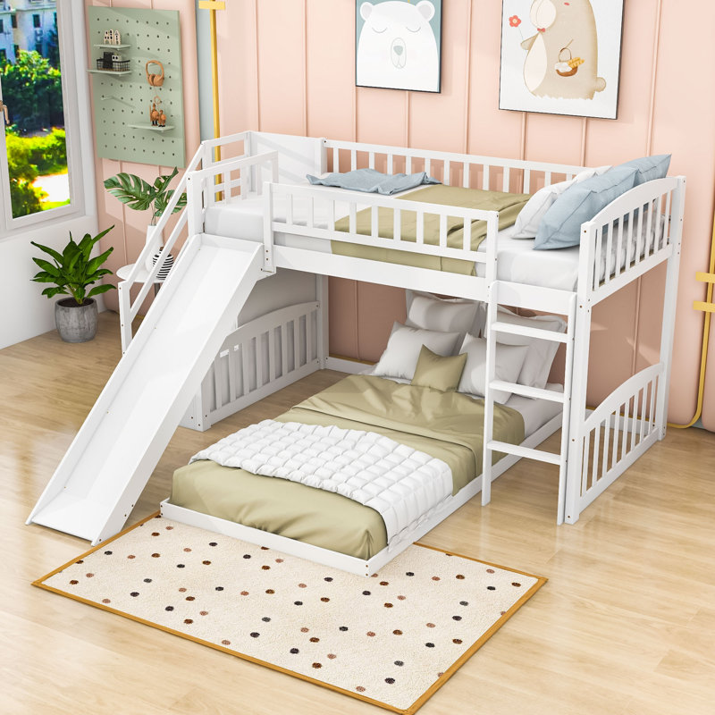 Lits simples superposés en L en bois avec glissière et rangement, Blanc