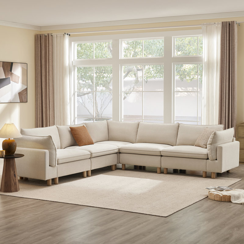 Solena 5-Piece Upholstered Corner Sectional With, Cream Polyester