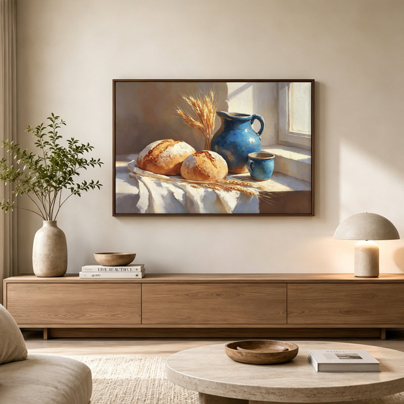 Tableau sur toile avec cadre flottant, représentant des épis de blé et un pichet bleu, prêt à accrocher., 24x36in, Gold