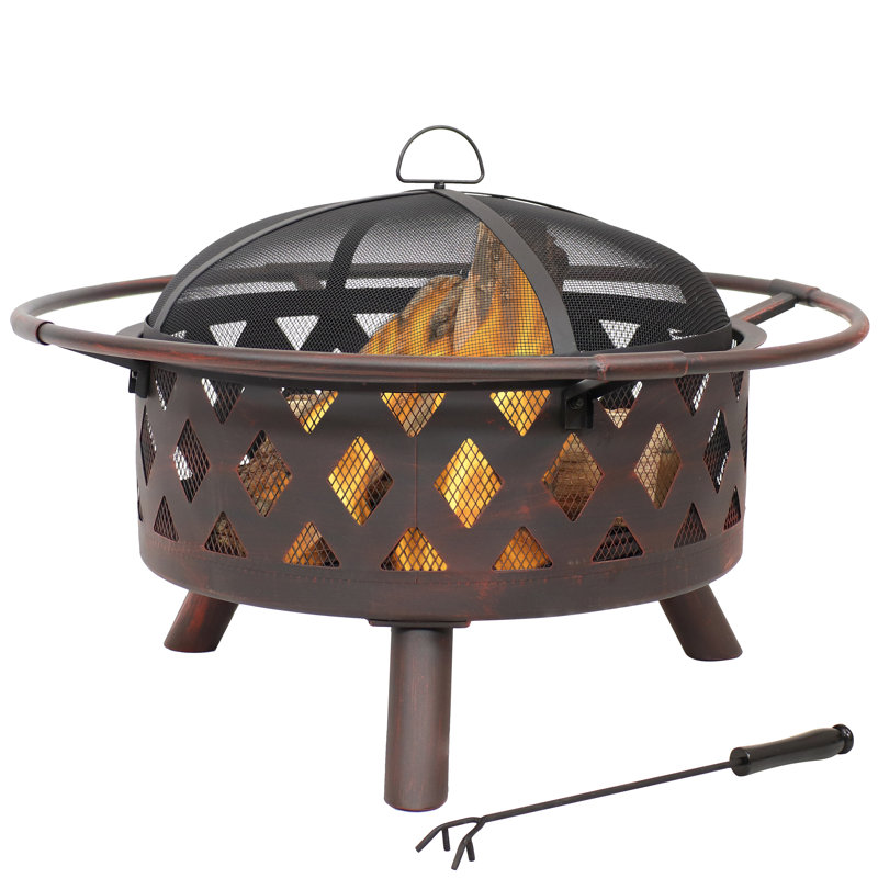 Bronze 30-Inch Crossweave Wood-Burning Fire Pit with Screen and Poker