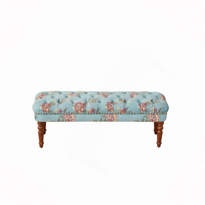 European Style Tufted Floral Bench with Turned Wood Legs,American Upholstered Ottoman for Bedroom & Primary Living Space