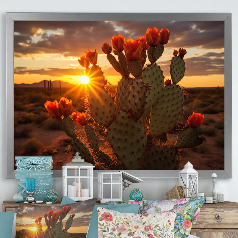 Champ de cactus rouge et vert avec coucher de soleil III - impression, Cadre simple argenté, H 34 po x l 44 po x P 1,5 po
