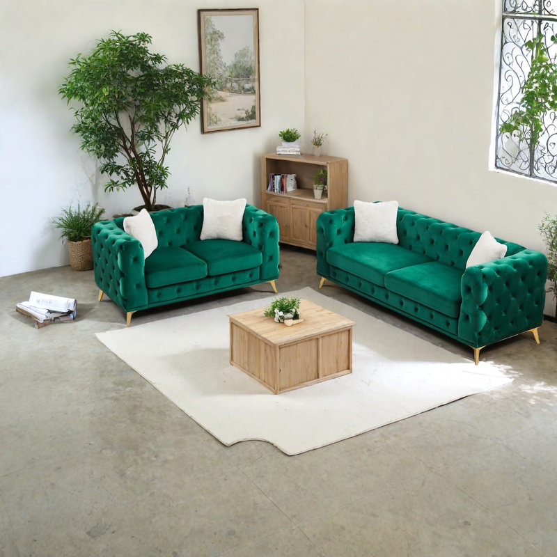 Compression Sofas Set, Green Velvet Wood Frame, Modern Tufted Home Seating