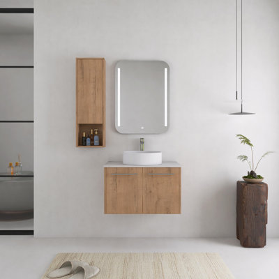 30 Inch Wall-Mounted Bathroom Vanity With Vessel Sink and Side Cabinet, Soft Closing Doors