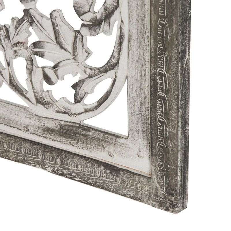 Gray Mango Wood Handmade Intricately Carved Floral Wall Panel