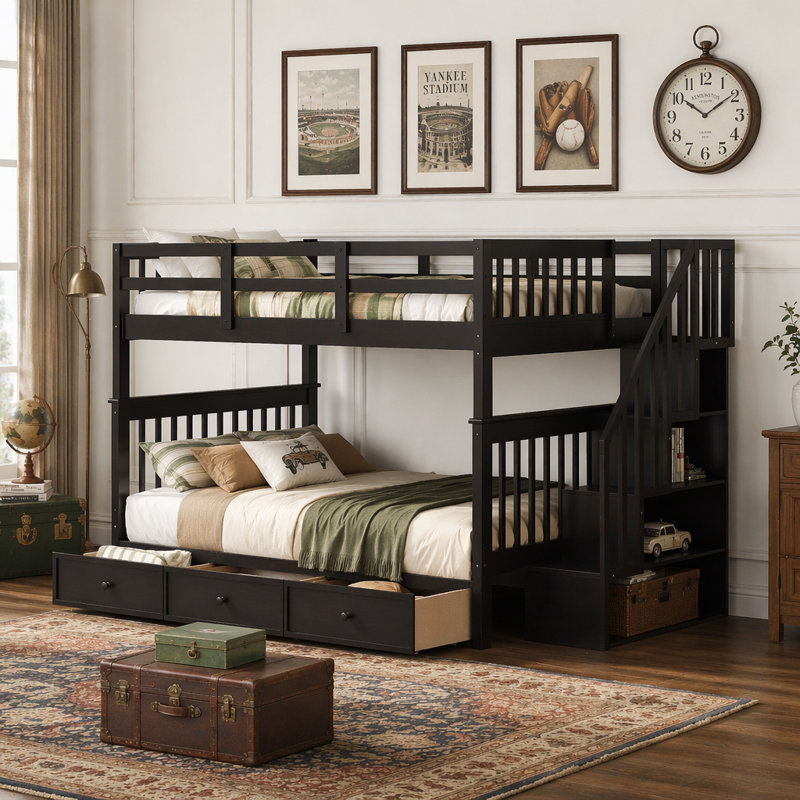 Lit superposé double avec tiroir, garde-corps et garde-robe pour chambre à coucher Stairway, espresso