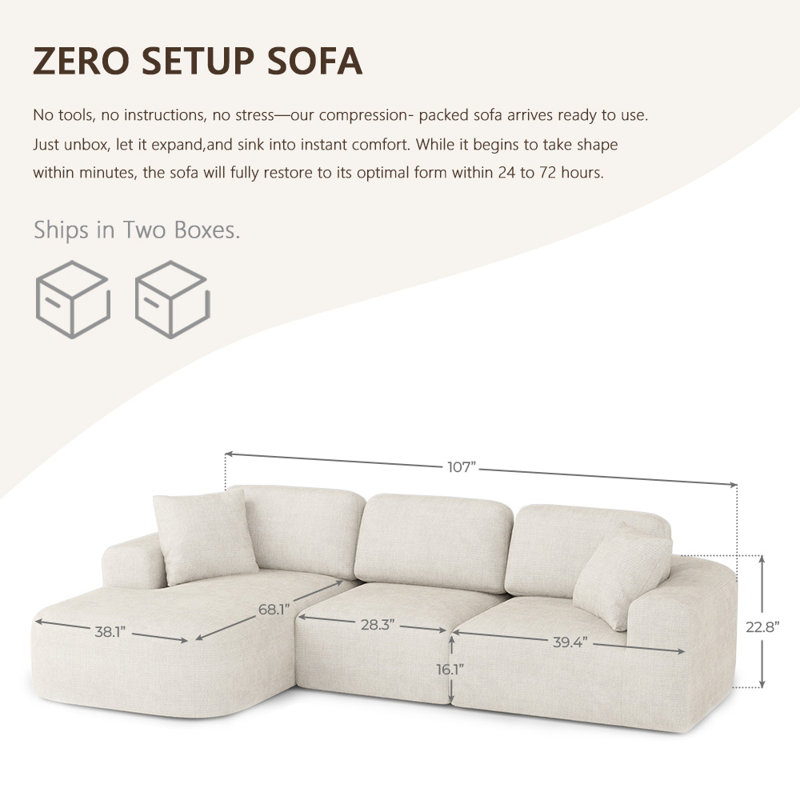 Boneless Modular Sectional Sofa with Chaise, Modern Woven Upholstery, Convertible L-Shaped Design, No Assembly Required for Living Room