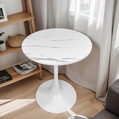 24" Round Mid-Century Modern Tulip Bistro Table with Metal Pedestal, Faux Marble