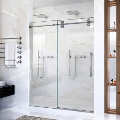 Porte de douche coulissante simple de 56 po à l 60 po x H 72 po avec verre trempé transparent de 8 mm de 5/16 po, conception en dérivation, finition nickel brossé - rouleaux en acier inoxydable 304 élégants, système de détachement avancé, rail ro