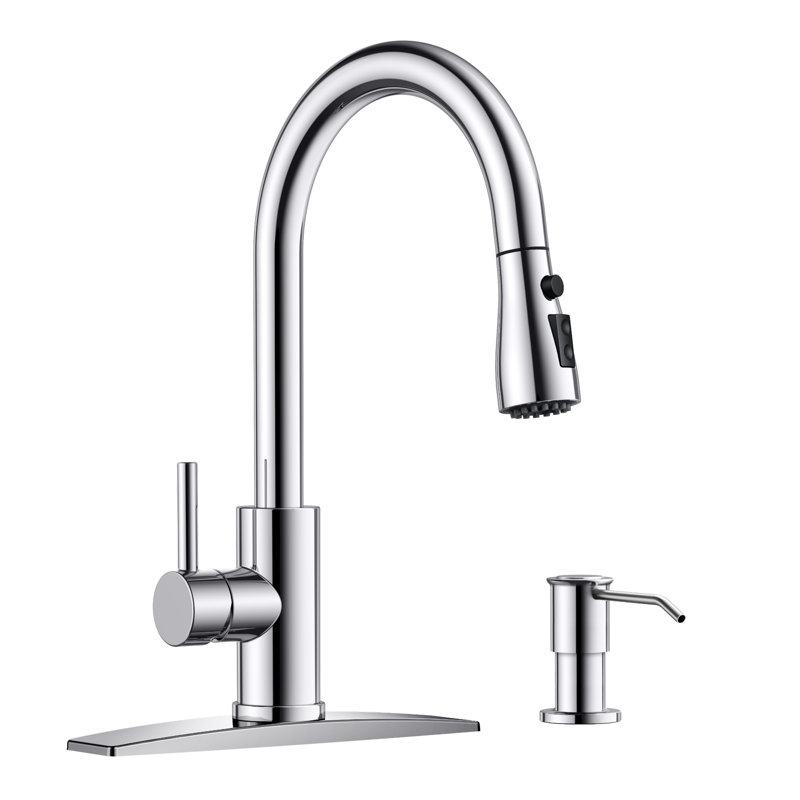 Forious® Ultra Pull Down Single Handle Kitchen Faucet with Soap Dispenser, Chrome