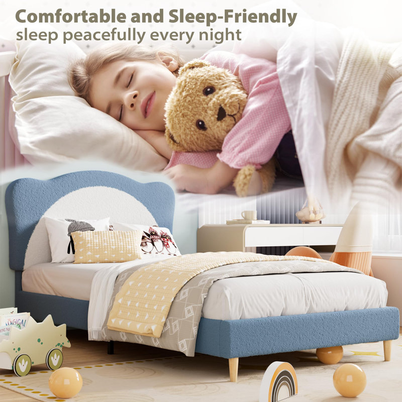 Full Size Platform Bed Frame with Plush Upholstered Headboard, Solid Wood Slat Support Low Profile Design for Girls and Boys, No Box Spring Needed, Blue