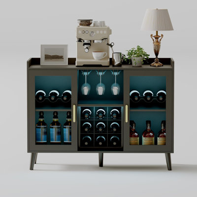 Modern Wine Bar Cabinet with LED Lighting, Glass Doors, Wine Racks, Glass Holders & Wood Coffee Bar Station