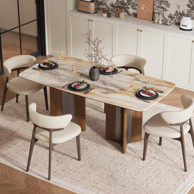 Ensemble de table de salle à manger 5 pièces rectangulaire pour 4 personnes, table de salle à manger en pierre frittée 63 "avec 4 chaises en similicuir moderne