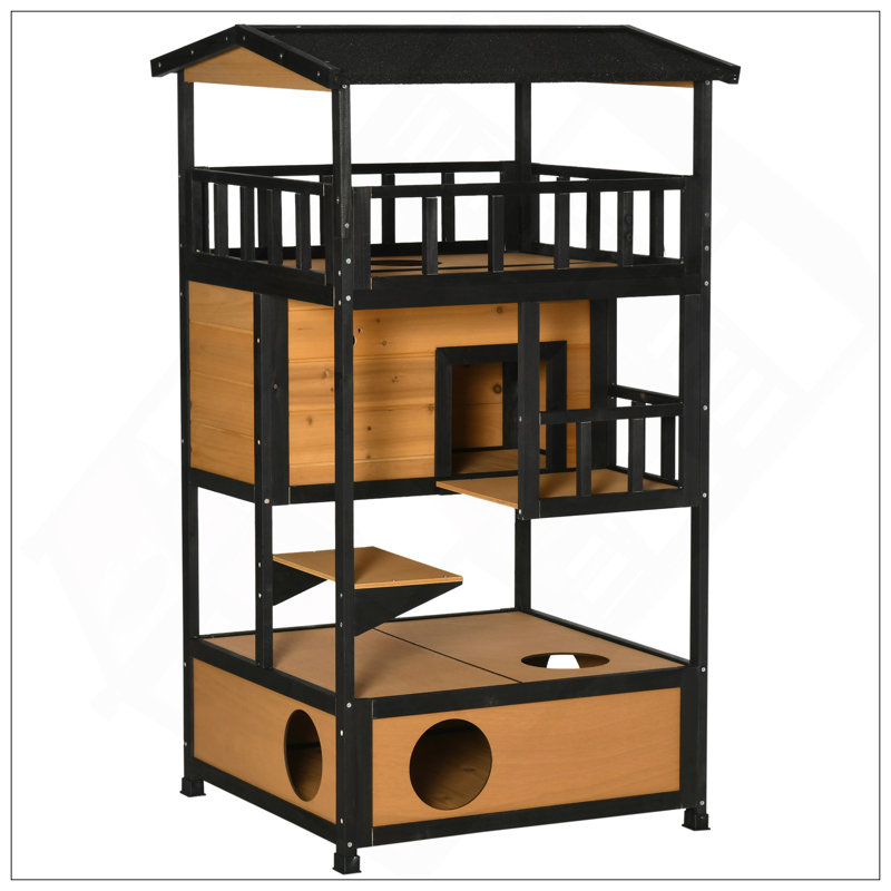 Wooden Outdoor Cat House With Asphalt Roof, Escape Doors, And Multi-Level Platforms For Feral And Domestic Cats