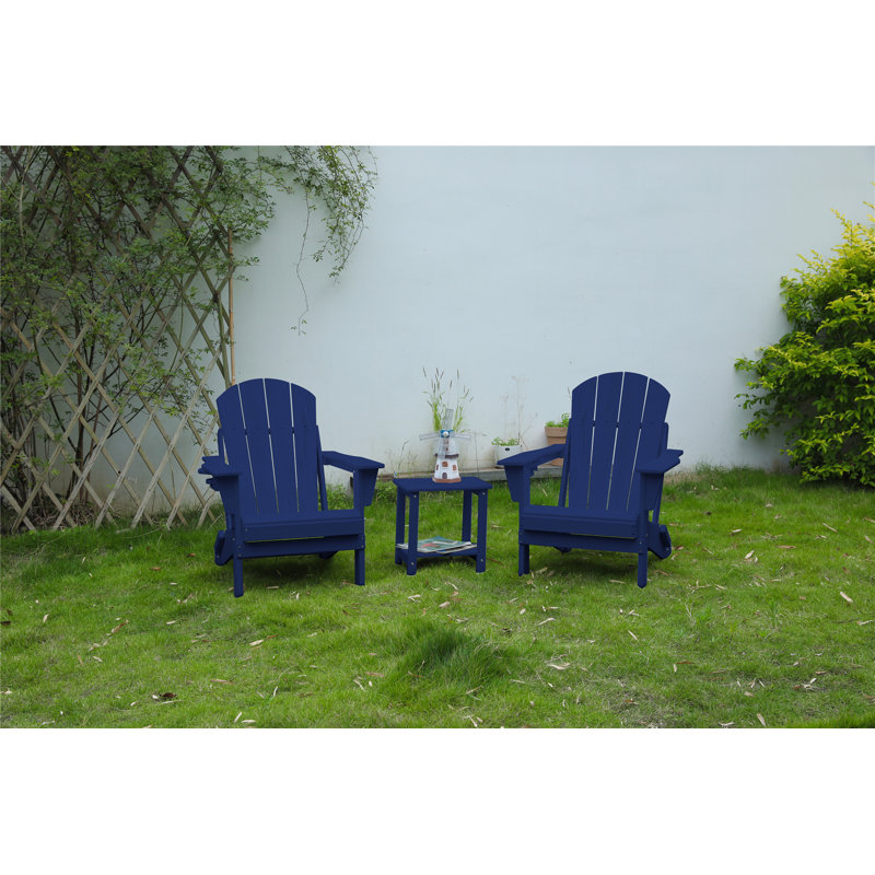 Folding Adirondack Chair With Small Side Table, Two Chairs And One Table, Navy Blue