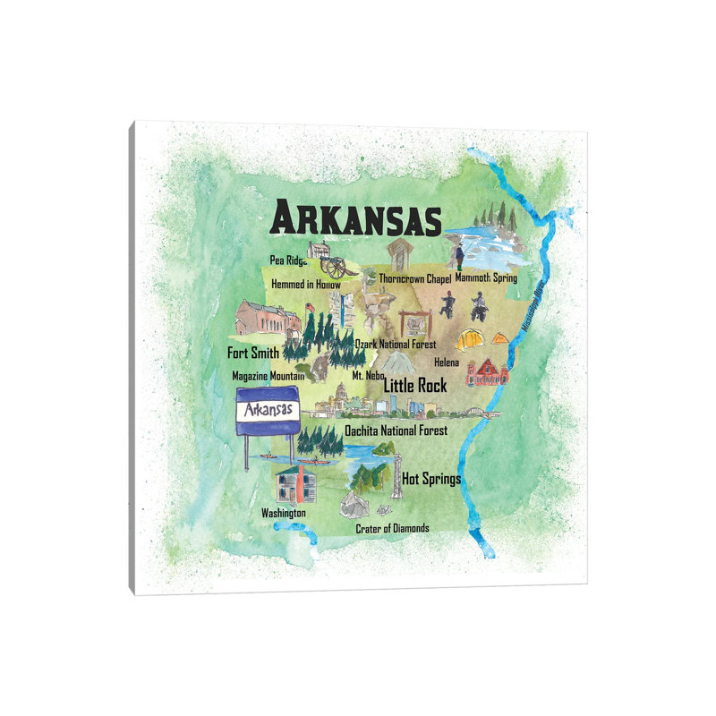 USA, Arkansas Illustrated Travel Poster 1 Piece Wrapped Canvas Wall Art, 45.72 cm H x 45.72 cm W x 3.175 cm D