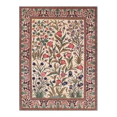 Machine Washable  Colorful Floral Border Detailed Floral Patterned Woven Base Decorative Rug