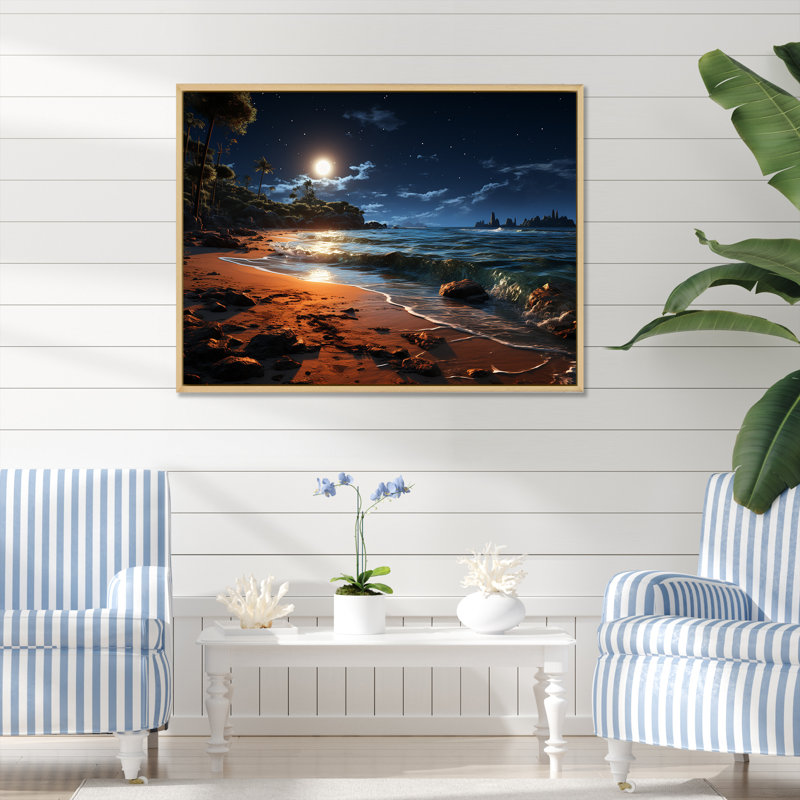 Mystic Tropical Beach Moonlight II - art mural plage, Cadre flottant brun, H 16 po x l 32 po x P 1 po