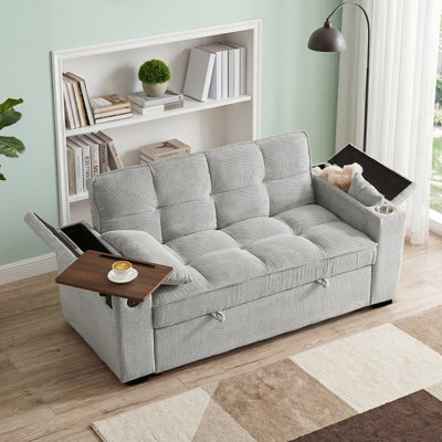 65" Wide Convertible Futon Sofa Bed with Pull-Out Sleeper, Side Table, USB & Type-C Ports&Storage Armrests