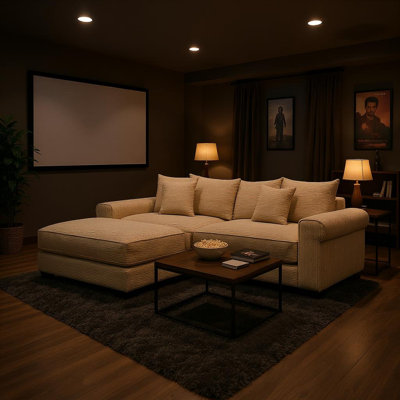 Corduroy Theater Sectional Sofa with Chaise, Modular Home Cinema Couch with Pillows, Deep Seat Comfort for Movie Rooms by Mercer41